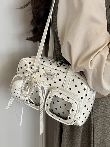Retro Stippenpatroon Onderarmtas Voor Vrouwen PU Leer Verfijnde Kussentas Schoudertas Dagelijks Pendelen Handtas Met Hartehanger