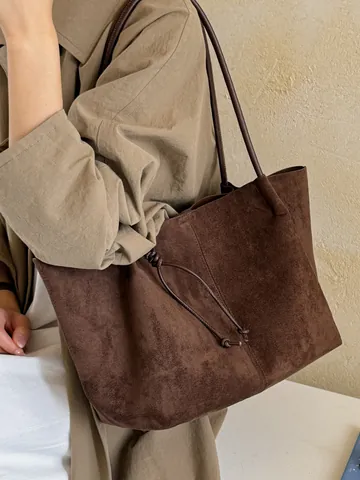 Women Large Capacity PU Leather Tote Bag Vintage Minimalist Shoulder Bag Solid Color Commuter Shopper Bag With Inner Pouch