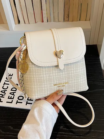 Fashion Women Patchwork Bucket Bag PU Leather Plaid Crossbody Bag Heart Buckle Daily Commute Trendy Shoulder Bag