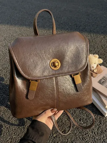 Women Fashion PU Leather Backpack Urban Minimalist Large Capacity School Bag With Cute Plush Bear Charm Retro Daily Commuter Travel Backpack