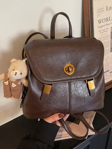 Women Fashion PU Leather Backpack Urban Minimalist Large Capacity School Bag With Cute Plush Bear Charm Retro Daily Commuter Travel Backpack