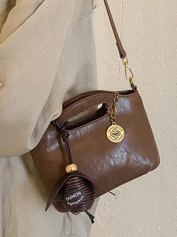 Retro Women PU Leather Bucket Bag Chic Minimalist Shoulder Crossbody Handbag With Metal Handle Vintage Casual Commuter Bag For Women