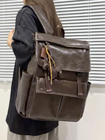 Mochila de Cuero PU Retro para Mujer Color Sólido Costuras de Contraste Gran Capacidad Bolso Escolar para Viajes Negro Marrón