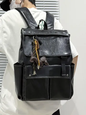 Mochila de Cuero PU Retro para Mujer Color Sólido Costuras de Contraste Gran Capacidad Bolso Escolar para Viajes Negro Marrón