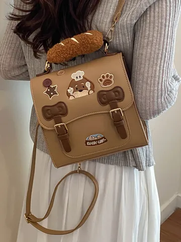 Mochila de Cuero PU con Bordado de Dibujos Animados Estilo Japonés Coreano para Mujer Asa de Felpa Suave Lazo Lindo Bolso Escolar de Gran Capacidad