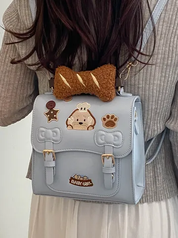 Mochila de Cuero PU con Bordado de Dibujos Animados Estilo Japonés Coreano para Mujer Asa de Felpa Suave Lazo Lindo Bolso Escolar de Gran Capacidad