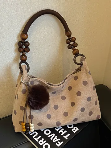 Women Vintage Polka Dot Bucket Bag Wooden Bead Handle Niche Fashion Shoulder Bag Daily Commute Handbag With Plush Ball Pendant