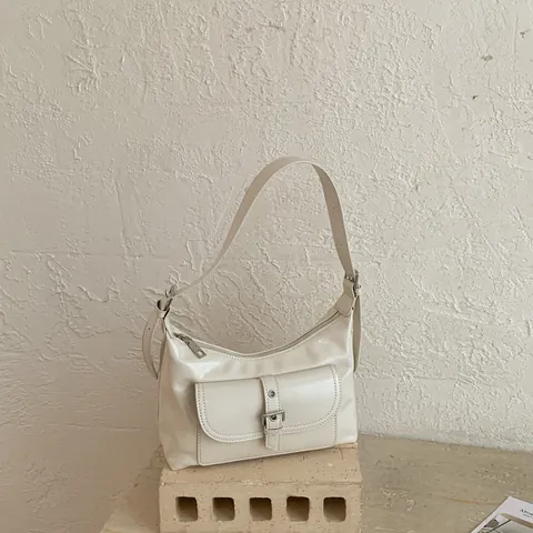 Korean Trendy Vintage Underarm Bag For Women Glossy PU Leather Shoulder Bag With Front Pocket Metal Buckle Commuter Handbag Elegant Bag