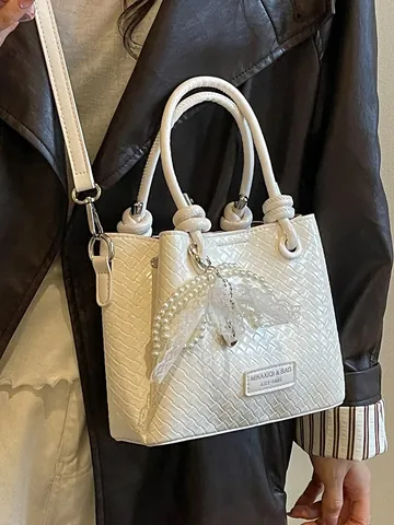 Dames Geweven Patroon PU Leer Emmer Tas Minimalistisch Effen Kleur Handtas Met Parel Kant Strik Hanger Crossbody Schoudertas