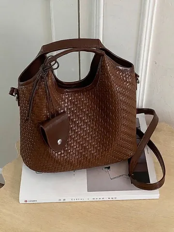 Bolso Bombonera Minimalista de Cuero PU Tejido para Mujer Urbano Bolso de Hombro Cruzado Con Correa Desmontable y Mini Bolsa