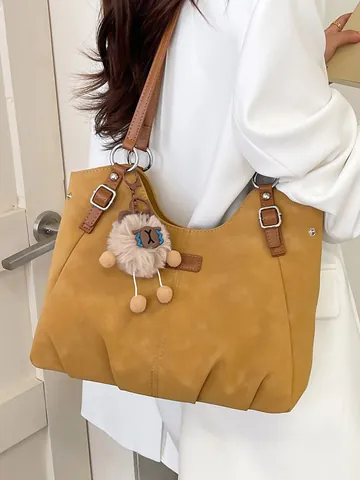 Women's Vintage Large Capacity Tote Bag Soft PU Leather Shoulder Bag Retro Pleated Commuter Casual Fashion Handbag