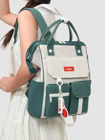 Casual Nylon Women's Backpack Large Capacity Color Block Travel Bag Lightweight Fashion Commuter School Bag For Outdoor
