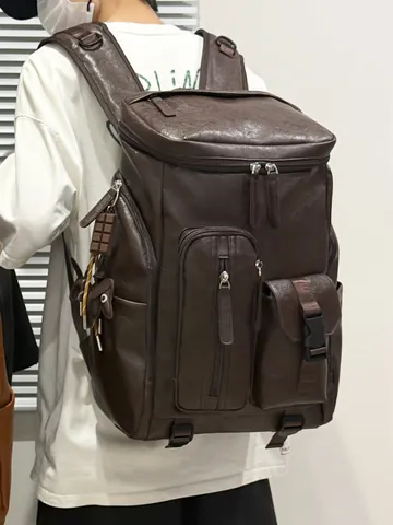 Large Capacity Vintage PU Leather Backpack For Women High School Student Bookbag Retro Commuter Shoulder Bag Multi-pocket Travel Bag