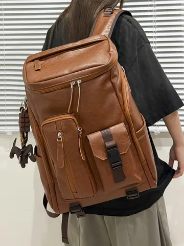 Large Capacity Vintage PU Leather Backpack For Women High School Student Bookbag Retro Commuter Shoulder Bag Multi-pocket Travel Bag
