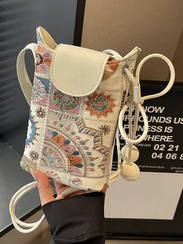 Borsa a Secchiello Mini in Nuovo Stile Cinese per Donna in Pelle PU Ricamata Borsa a Tracolla Porta Cellulare Etnica