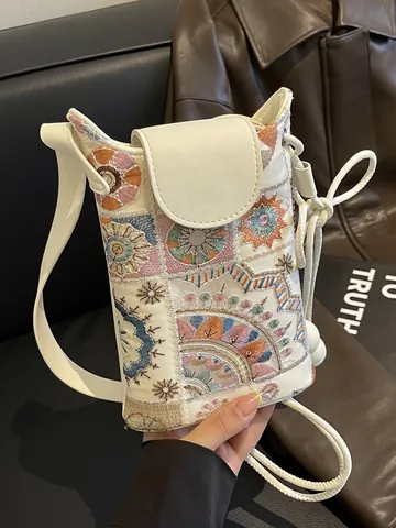 Borsa a Secchiello Mini in Nuovo Stile Cinese per Donna in Pelle PU Ricamata Borsa a Tracolla Porta Cellulare Etnica
