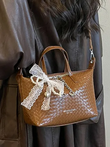 Women Retro PU Woven Tote Bag Elegant Artificial Pearl Lace Bow Decoration Handheld Shoulder Crossbody Bag Large Capacity Commute Handbag