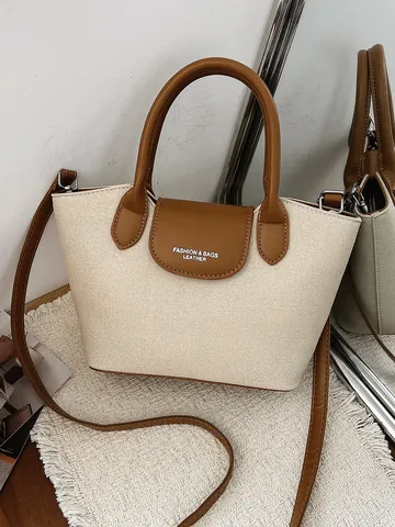 Retro PU Leer Vrouwen Handtas Contrastkleur Tote Tas Mode Woon-werkverkeer Handvat Schoudertas Met Bloemenaccessoire