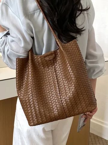 Borsa Tote Intrecciata alla Moda per Donna in Pelle PU Grande Capacità Borsa a Secchiello a Spalla Stile Designer Minimalista