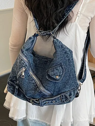 Γυναικείο Ρετρό Σακίδιο Denim Biker Μεγάλης Χωρητικότητας Τσάντα Tote από Πλυμένο Τζιν Πολυλειτουργική Τσάντα Ώμου Με Αγκράφα και Φερμουάρ