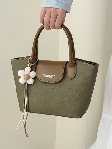 Retro PU Leer Vrouwen Handtas Contrastkleur Tote Tas Mode Woon-werkverkeer Handvat Schoudertas Met Bloemenaccessoire