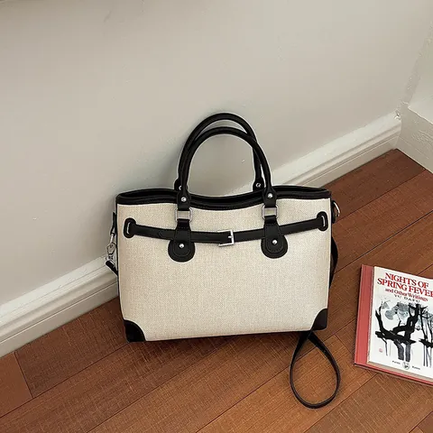 Minimalist Woven Fabric PU Leather Tote Bag For Women Fashion Commute Shoulder Bag Handbag With Belt Buckle Underarm Bag