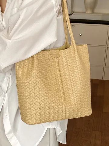 Borsa Tote Intrecciata alla Moda per Donna in Pelle PU Grande Capacità Borsa a Secchiello a Spalla Stile Designer Minimalista