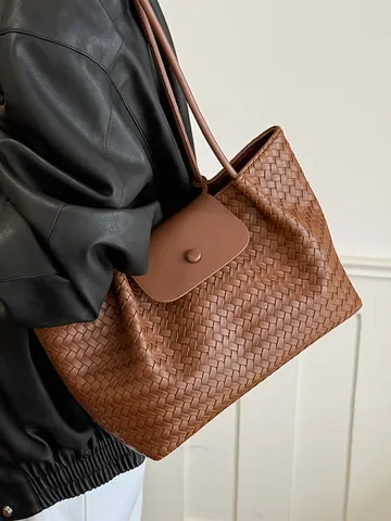 Women Large Capacity Woven Tote Bag Senior Sense Underarm Shoulder Bag Chic Braided Texture PU Leather Commuter Shopping Bag Handbag