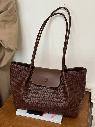 Women Large Capacity Woven Tote Bag Senior Sense Underarm Shoulder Bag Chic Braided Texture PU Leather Commuter Shopping Bag Handbag