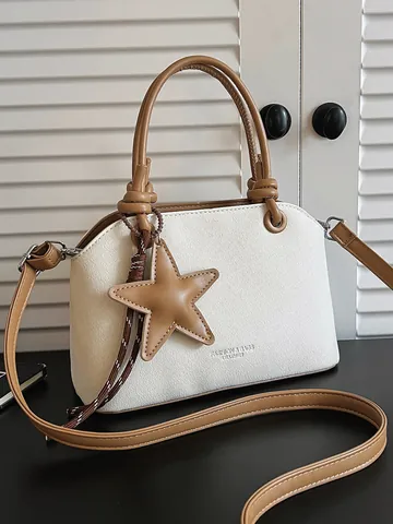 Women Fashion PU Leather Bucket Bag Elegant Crossbody Handheld Purse With Star Pendant Versatile Solid Color Summer Small Tote Bag
