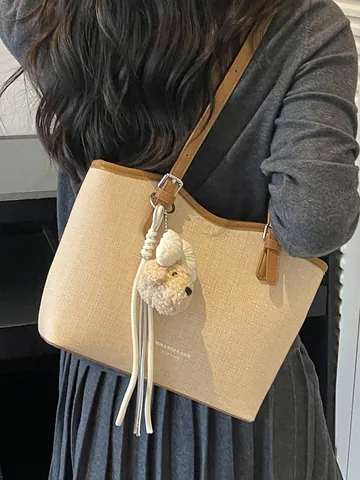 Women Large Capacity PU Leather Tote Bag Minimalist Commuter Shoulder Bag With Cute Teddy Bear Charm Fashion Bag