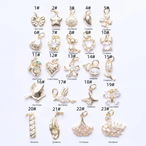 14K Gold Plated Copper Rhinestone Pendant Only DIY Jewelry Making Swan Heart Gourd Star Bow Shape Small Charms Accessories