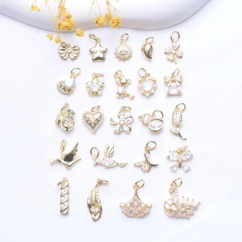 14K Gold Plated Copper Rhinestone Pendant Only DIY Jewelry Making Swan Heart Gourd Star Bow Shape Small Charms Accessories