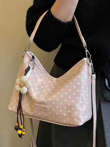 Dames Koreaanse Stijl PU-leer Stippenpatroon Emmer Tas Kleine Schoudertas Crossbody Handtas Met Bloemenbedel Zomer Mode Woon-werkverkeer Tas