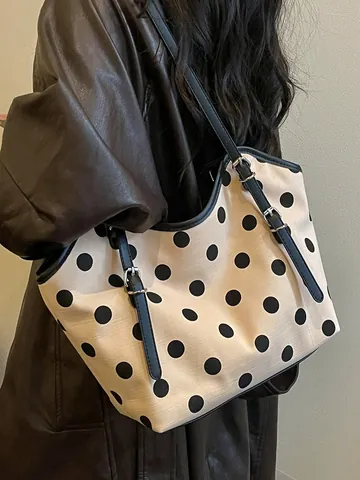 Bolso Tote de Lienzo con Lunares Vintage para Mujer Bolso de Hombro de Gran Capacidad Moda Retro Bolso de Mano para el Trabajo Crema Negro