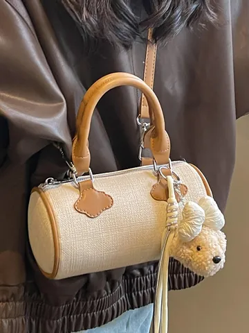 Women Exquisite Barrel Bag PU Leather Small Pillow Crossbody Bag With Plush Bear Pendant Summer Commute Handbag