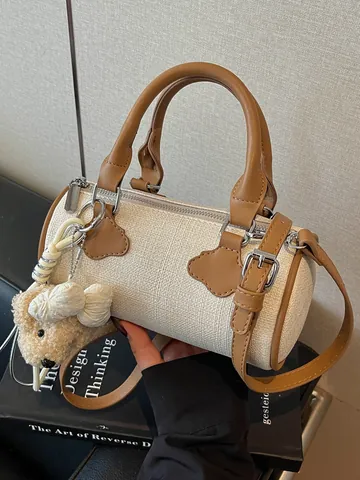 Women Exquisite Barrel Bag PU Leather Small Pillow Crossbody Bag With Plush Bear Pendant Summer Commute Handbag