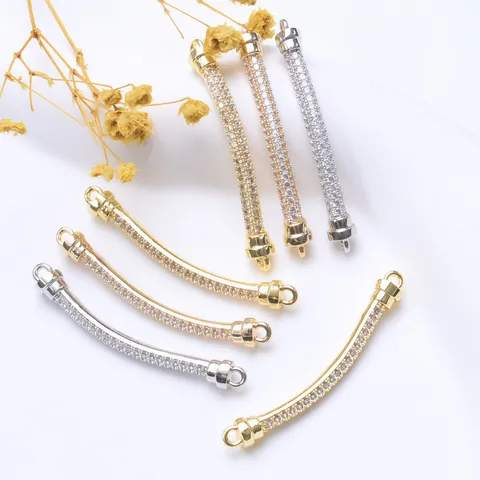 Zirconia Inlaid Curved Tube Connector 18K Gold Plated Copper Jewelry Findings For DIY Bracelet Necklace Making Material