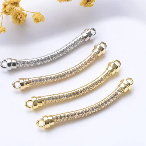 Zirconia Inlaid Curved Tube Connector 18K Gold Plated Copper Jewelry Findings For DIY Bracelet Necklace Making Material
