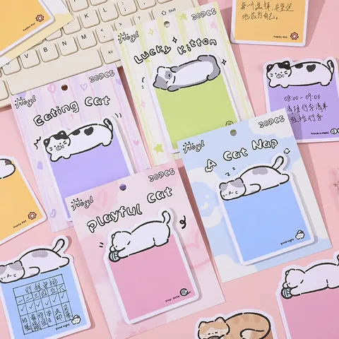 Cartoon Cat Shaped Sticky Notes Cute Animal Line Art Self-Adhesive Memo Pad For Students Office Message Notepad Stationery Gift