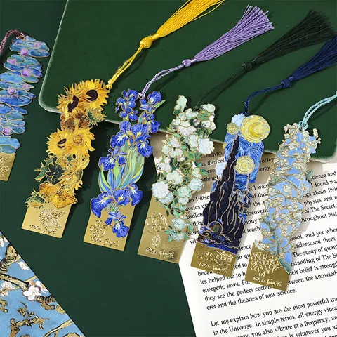 Vintage Metall Hohl Lesezeichen Van Gogh Ölgemälde Kunst Briefpapier Geschenk mit Quaste Sonnenblume Sternennacht Lesezeichen
