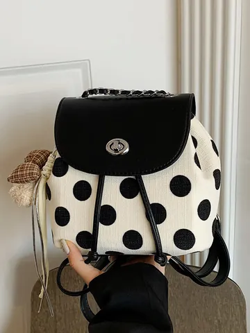 Women Korean Style Polka Dot Canvas Backpack Mini Fashion School Bag With Bear Charm PU Leather Flap Twist Lock Metal Chain Strap Travel Daypack