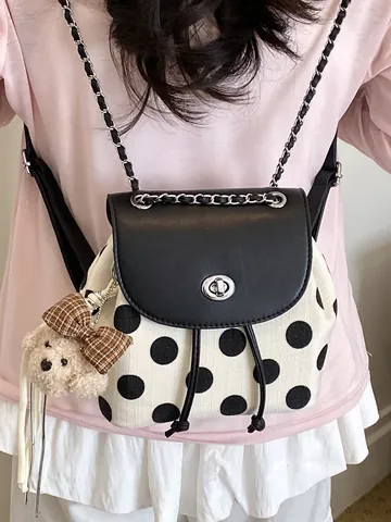 Women Korean Style Polka Dot Canvas Backpack Mini Fashion School Bag With Bear Charm PU Leather Flap Twist Lock Metal Chain Strap Travel Daypack
