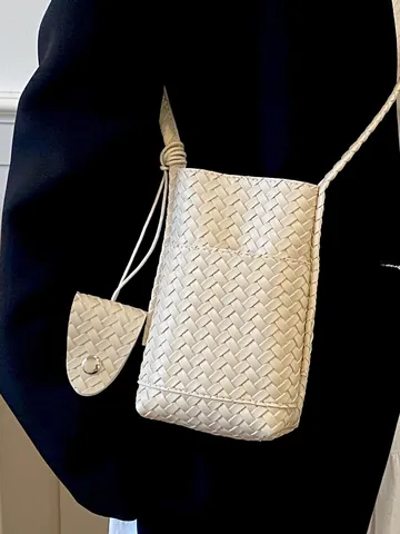 Borsa da Donna Mini per Cellulare in Pelle PU Intrecciata Borsa a Tracolla alla Moda con Piccolo Borsellino