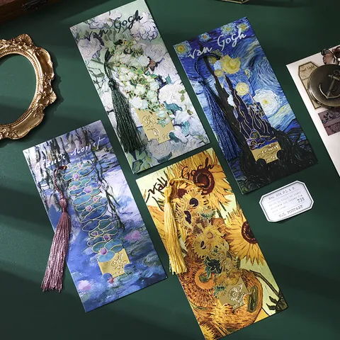 Vintage Gilded Metal Bookmark With Tassel Artistic Famous Painting Style Van Gogh Monet Hollow Out Page Marker Reading Lovers Stationery Gift