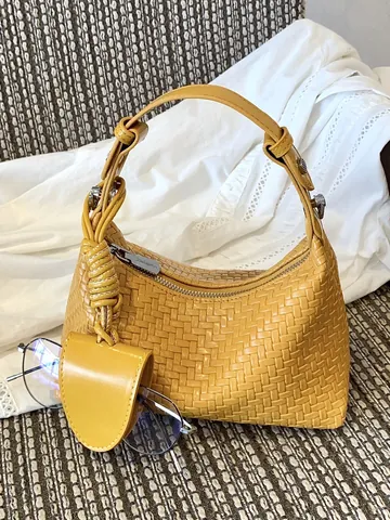 Women Woven PU Leather Dumpling Bag Fashion Solid Color Shoulder Bag With Mini Pouch Pendant Braided Hobo Bag For Summer Daily Commute