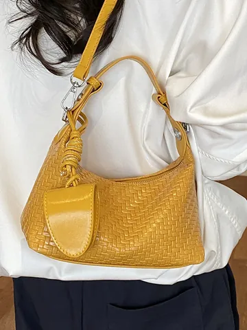 Women Woven PU Leather Dumpling Bag Fashion Solid Color Shoulder Bag With Mini Pouch Pendant Braided Hobo Bag For Summer Daily Commute