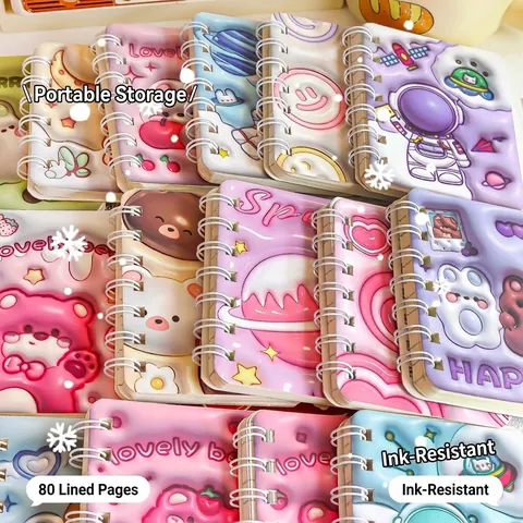 A7 Mini Spiral Notebook 3D Puffy Cartoon Animal Cover 80 Sheets Lined Pages Small Pocket Journal Portable Student Stationery Gift