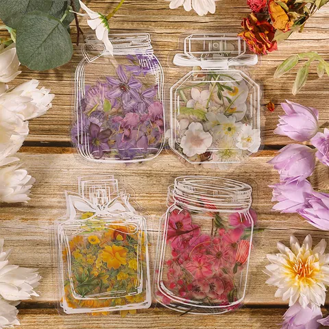 Vintage Floral PET Sticker Set Transparent Wish Bottle Plant Flower Bookmarks For Scrapbooking Journaling Planner DIY Stationery Decoration