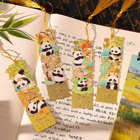 Creative Panda Metal Bookmark Hollowed Gold Plated Reading Marker With Tassel Chinese Style Stationery Gift For Students Kids Reading Page Clip